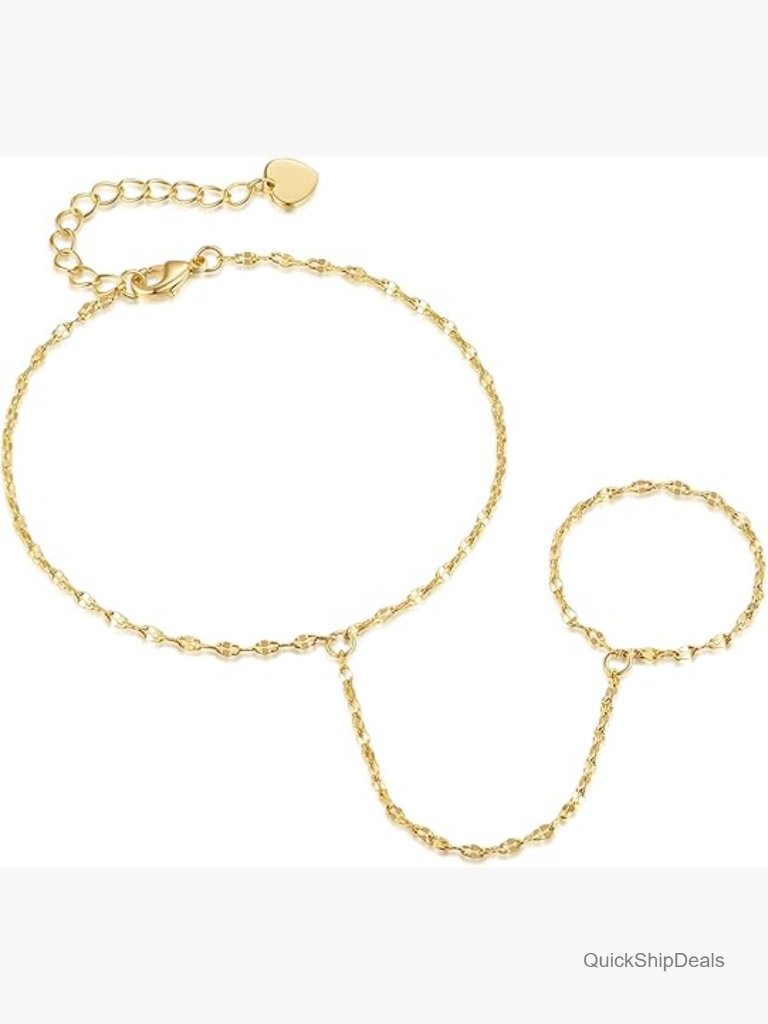 14k Gold Plated Bracelet Hand Chain With Rings Unique Design